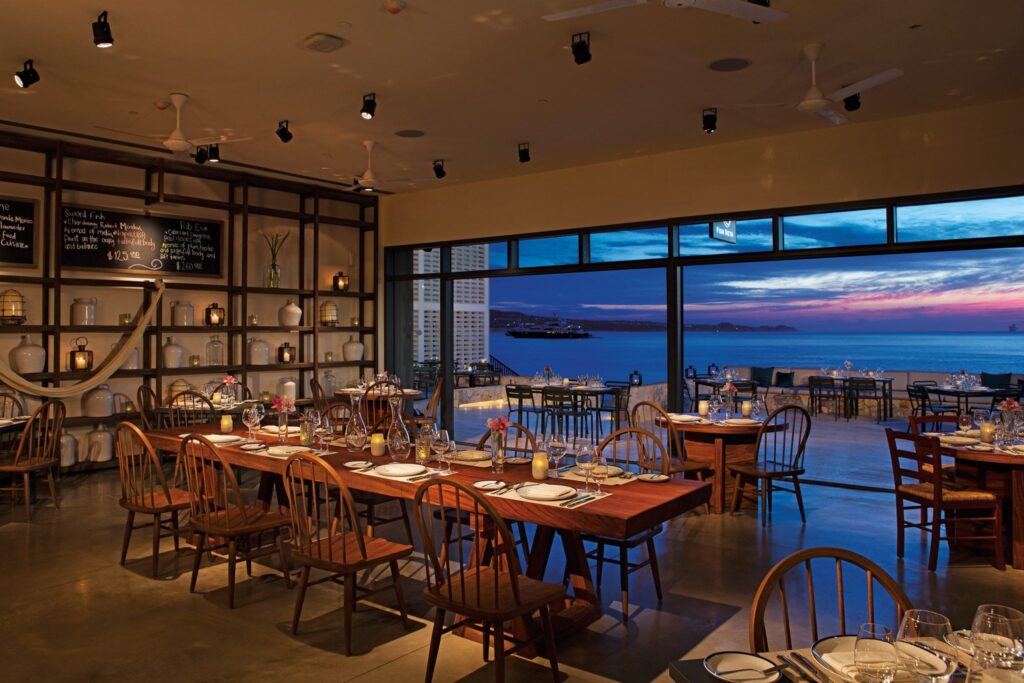 oceanfront restaurant at sunset