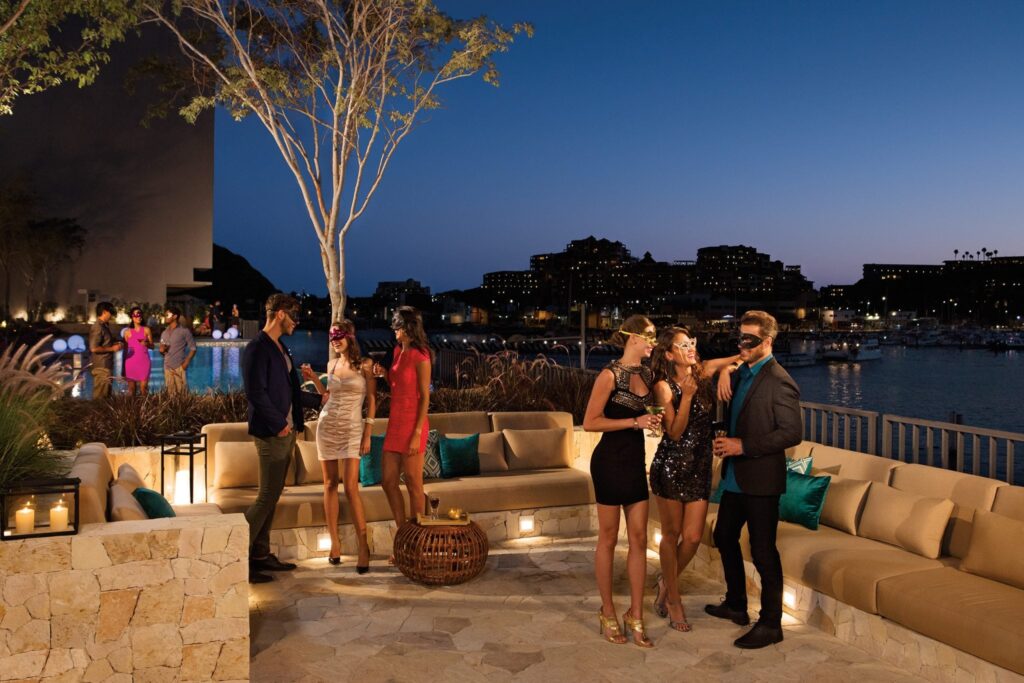 group having drinks at outdoor bar