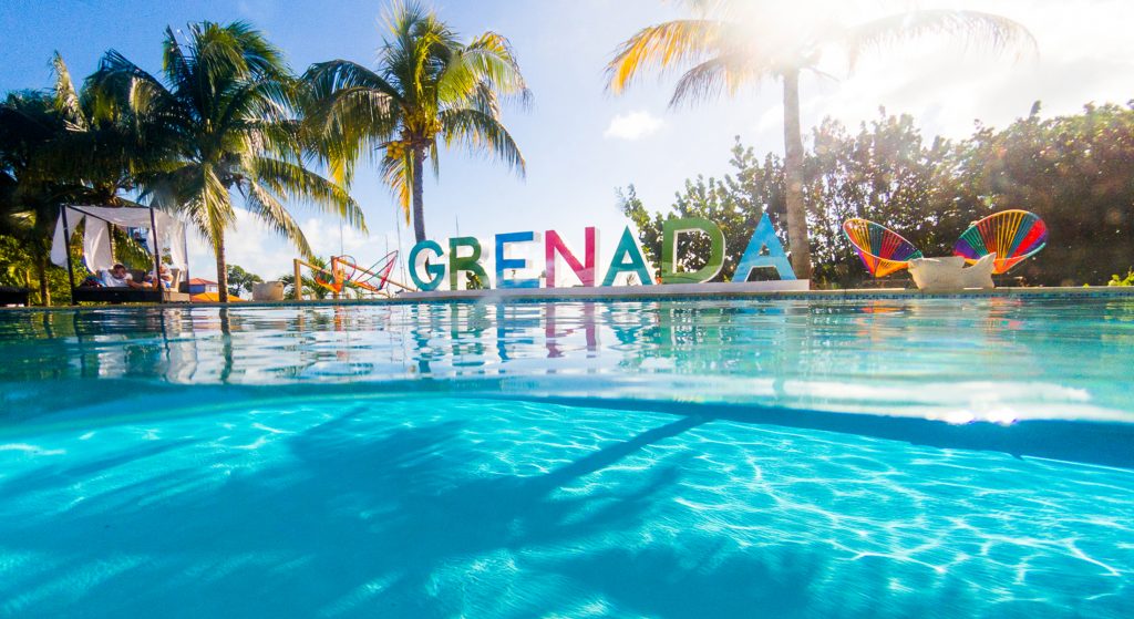pool surrounded by palm trees at Grenada resort