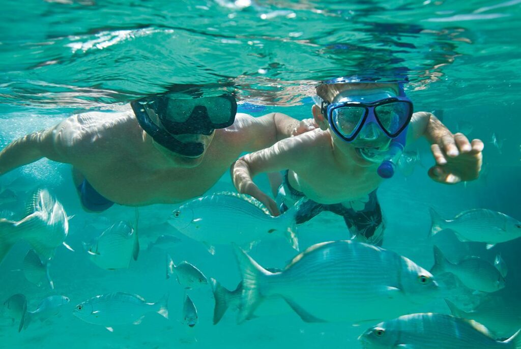 father and son snorkeling with tropical fish