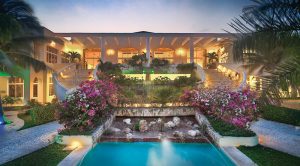 water feature in lush tropical gardens