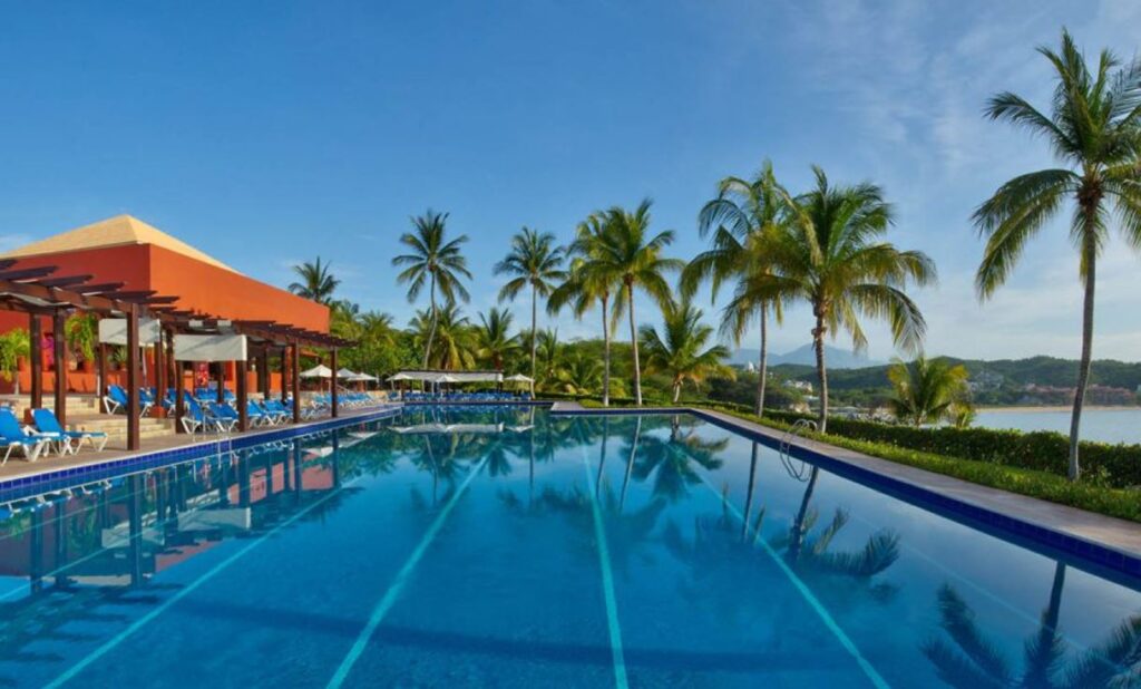 large pool surrounded by palm trees