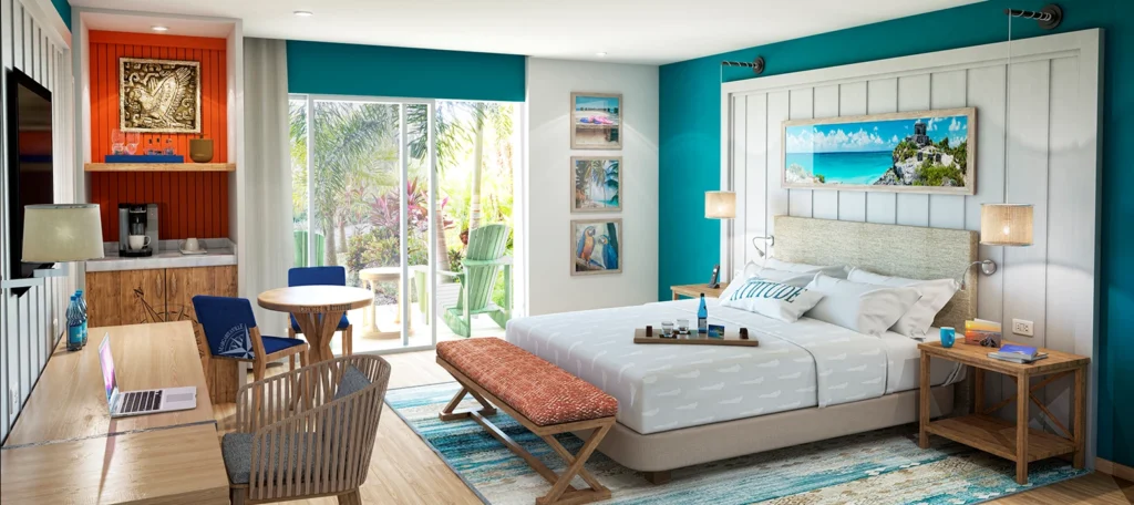 large, colorful suite with king bed
